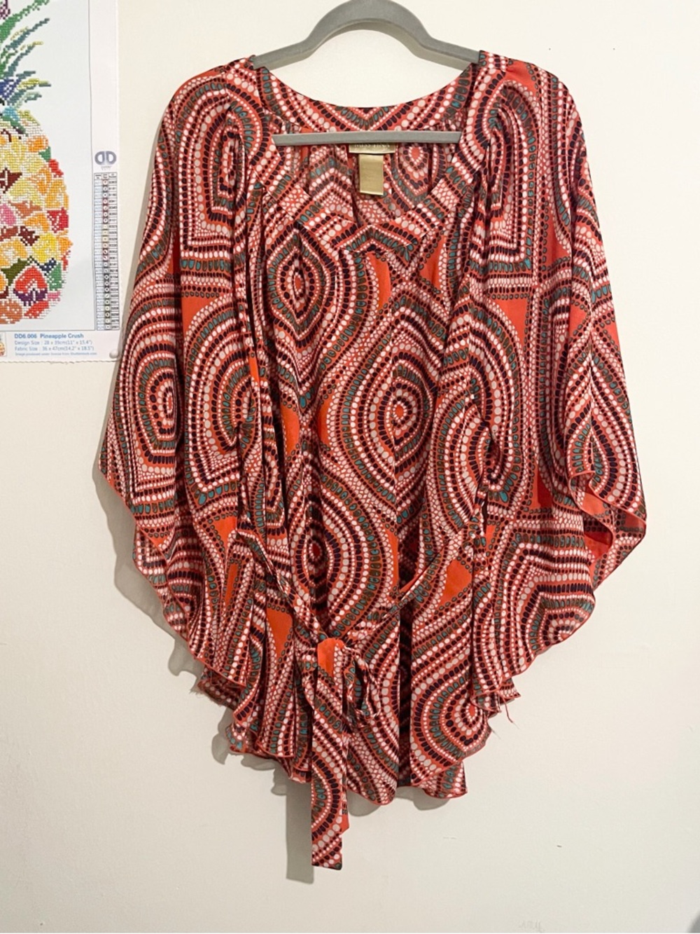 MISS TINA by Tina Knowles Red Geometric Tie-Front Dolman Kimono Top Size Large